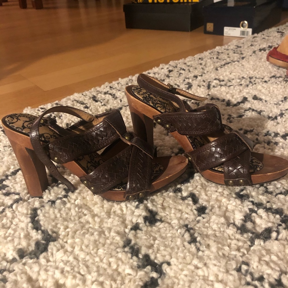 Frye Brown Leather Braided Heel Sandals sz 6.5